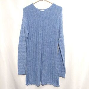 J. Jill Womens Sm Long Tunic Sweater Cotton Blend Button Back Fringe Blue Marled